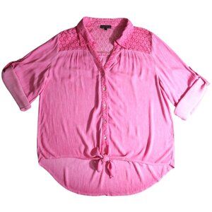 Bua Bua Women's Pink Lace Button Up Tie Front Roll Up Sleeves Blouse XL X-Large